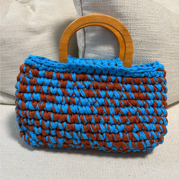 Handbags - NEW Handcrafted Blue and Brown Woven Bag with Wood Handles.